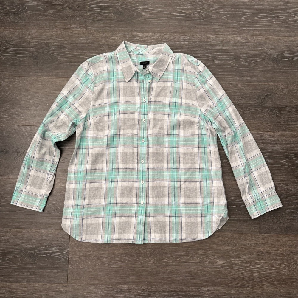 Talbots Womens XL Metallic Flannel Modern Classic Shirt Plaid with Silver Stripe
